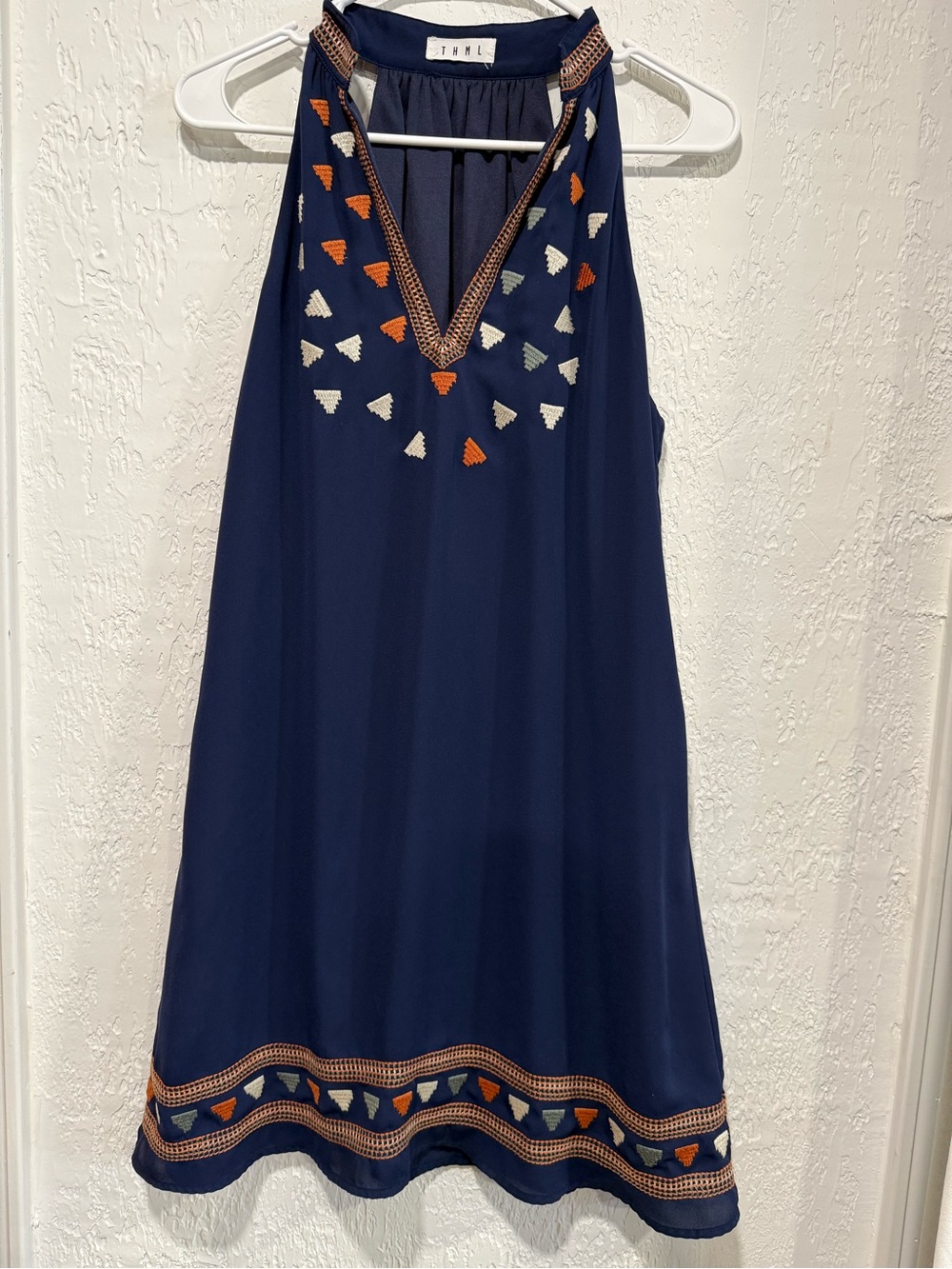 THML Black Geometric Embroidered Halter Tunic Shift Dress Size S Sleeveless